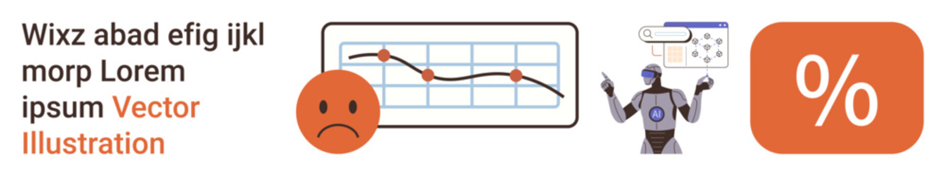 Financial trends, business analytics, AI integration, economic crisis, market performance, technology. Declining graph, sad emotion robot figure percentage icon. Financial trends and analytics