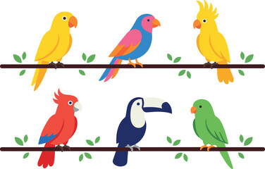 Six Colorful Cartoon Tropical Birds Including Parrots, Cockatoo, and Toucan Perching on Branches with Leaves in Cute Flat Style Vector Illustration © MdImran