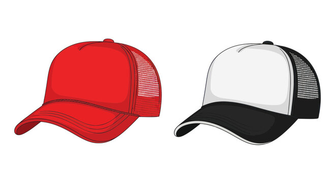 Red and white trucker hats, casual headwear, mesh back caps isolated on white background