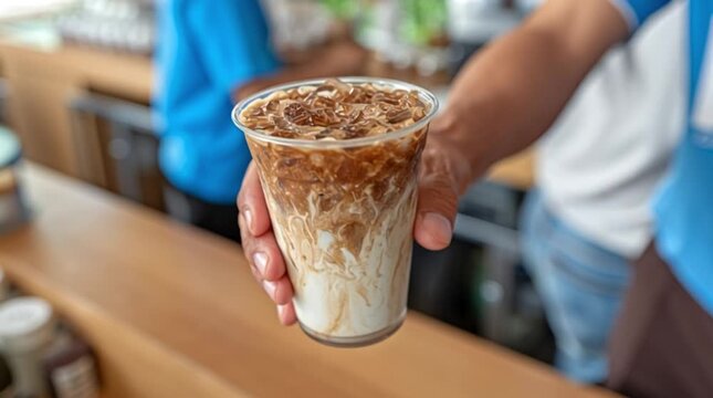 Hand holding iced coffee latte with milk swirl in cup at cafe background