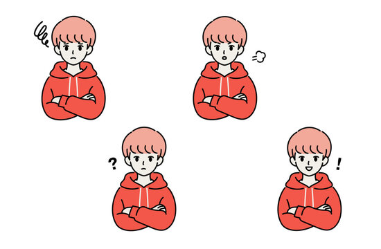 腕組みをするパーカー姿の男性キャラクター 感情4点セットのフラットイラスト