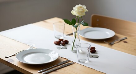 Fototapeta premium White table setting with rose, plates, and napkins arranged for elegant dining.