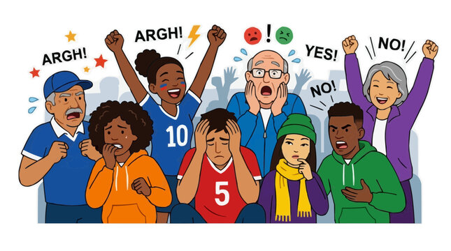 Diverse Crowd Reacts to Sports Game with Mixed Emotions of Joy and Despair vector