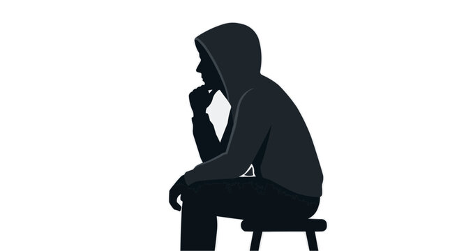 Silhouette of a person in a hoodie sitting and thinking with hand on chin vector