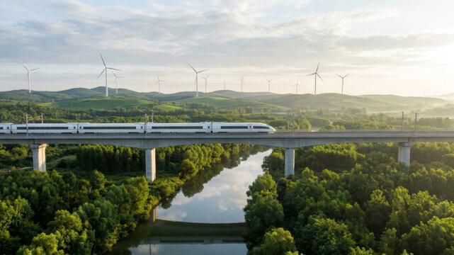 Ecological urban transit high speed train viaduct river wind turbine green landscape sunset. Eco friendly mobility. sustainable commuting innovation, future system efficiency