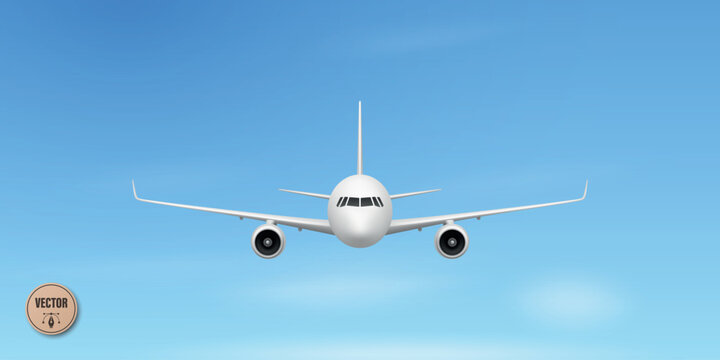Vector 3d Airplane Front View. Passenger Airplane Flying in Blue Sky. Commercial Jet Aircraft Front View Horizontal Banner. Aviation Travel Transport Design