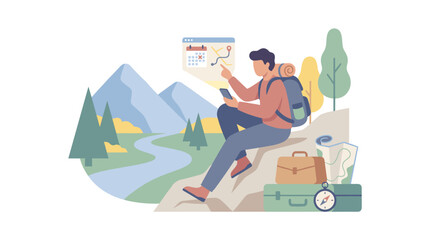 Fototapeta premium Outdoor traveler with map and notebook amid mountain scenery.