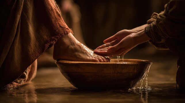 Close up of person washing feet in a wooden basin