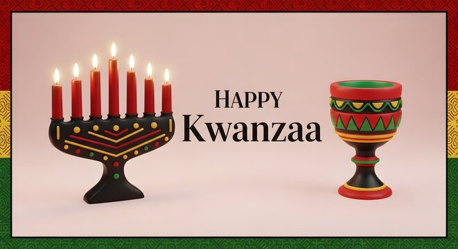 Happy kwanzaa celebration with kinara and unity cup on a soft pink background banner