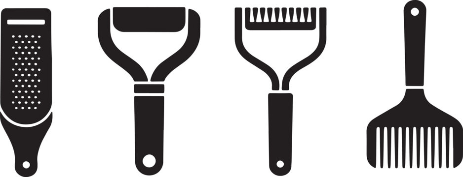 Kitchen tools illustration, set of 4, including a peeler, grater, pastry brush with baking