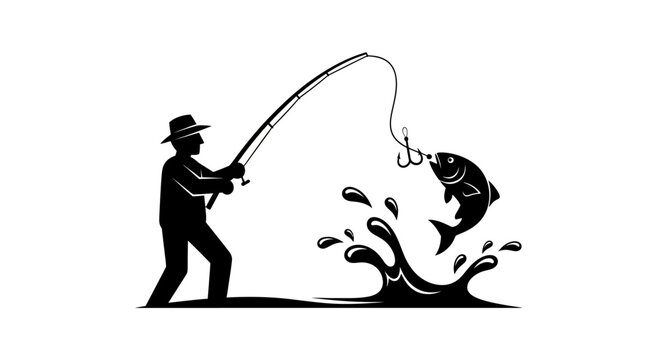 Angler holding a fishing rod catches a leaping fish from the water to depict recreational sport fishing and outdoor hobby.