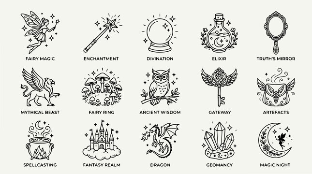 Whimsical Fantasy Icons: Fairy, Magic Wand, Crystal Ball, Potion, Mirror, Griffin, Owl
