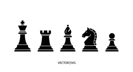 Black Chess Pieces Silhouette - King, Rook, Bishop, Knight, Pawn Vector © Jepe