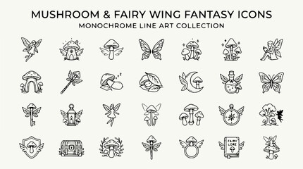 Fototapeta premium Monochrome Fantasy Icons: Mushroom & Fairy Wing Line Art Collection