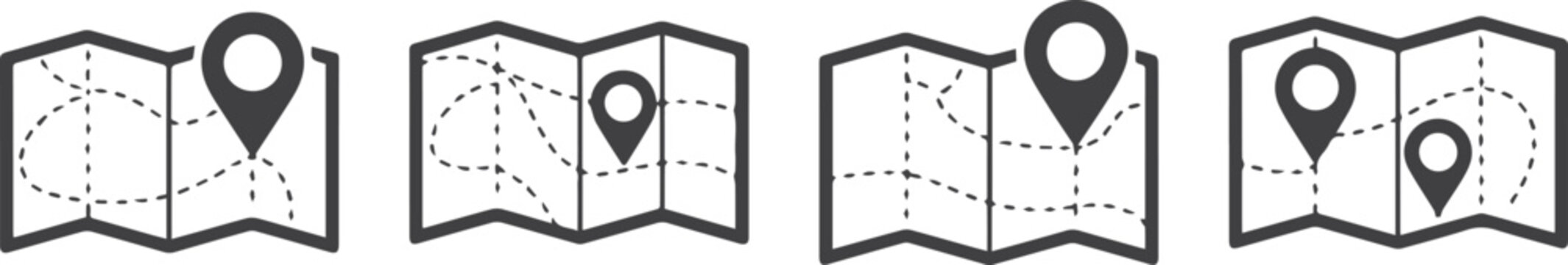 Map and location symbols set. Mapping icon collection. Geolocation map path distance. GPS cartography position. Pinpoint, map search, route, navigator - stock vector. 