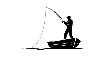 Fisherman stands inside a small wooden boat while casting a long fishing line into the water. © NGLARANGAN