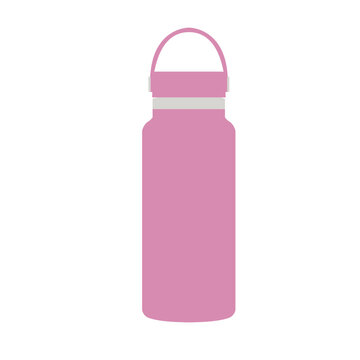 Pink reusable stainless steel water bottle flat vector illustration isolated on a white background. Eco-friendly hydration flask design perfect for sports, fitness, camping, and sustainable lifestyle.