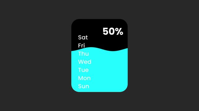 A dark widget showing battery percentage at zero with a weekly calendar schedule and a glowing wave animation at the bottom for a status or tracker app