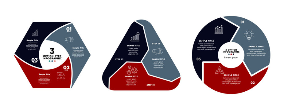 Vector infographic diagram chart set, triangle, circle, hexagon with 3 option step sections, for business presentations and reports. Vector editable eps