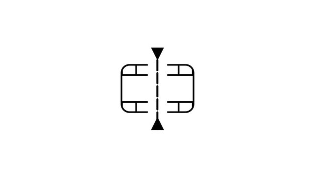 A minimal line icon of a film strip with a vertical resize or split arrow indicating a trim crop or split editing action for video clips in a timeline editor
