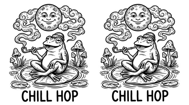 Frog smoking pipe under moon with clouds and mushrooms 1.