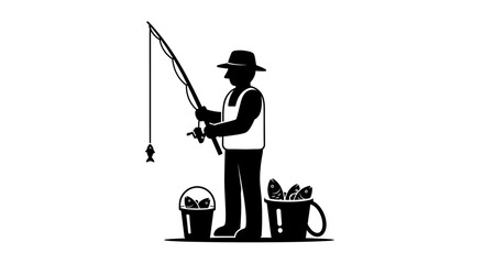 Angler stands with a fishing rod and buckets to show a successful day of fishing. © NGLARANGAN
