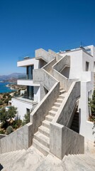 Fototapeta premium Modern luxury villa with sculptural concrete exterior stairs overlooking the blue ocean coastline