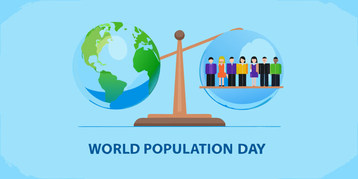 world population day concept with balance scale and people