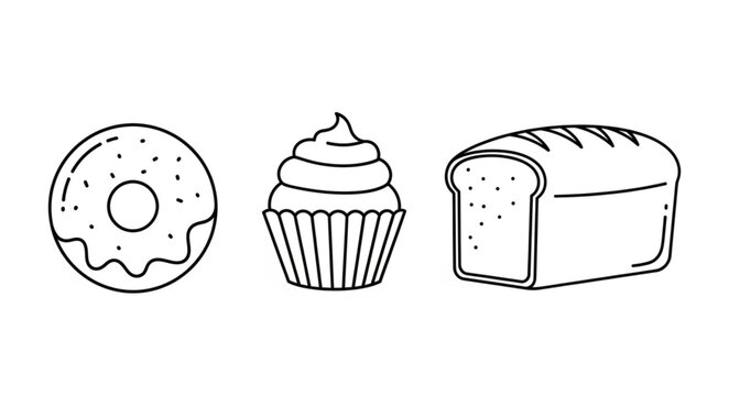 Simple Line Drawing of a Donut Cupcake and Bread Loaf.