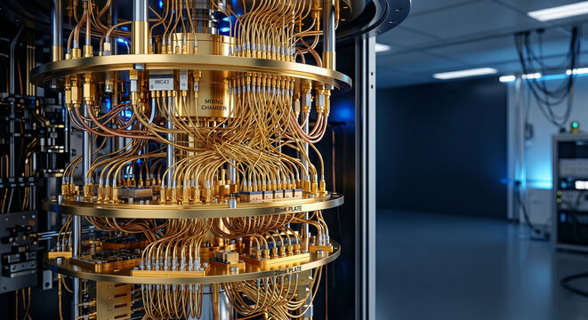 Futuristic quantum computer gold hardware with intricate wiring and copy space