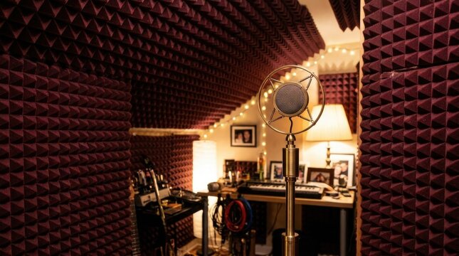 Professional recording studio setup featuring vintage microphone and acoustic foam panels for optimal sound production and music creation.
