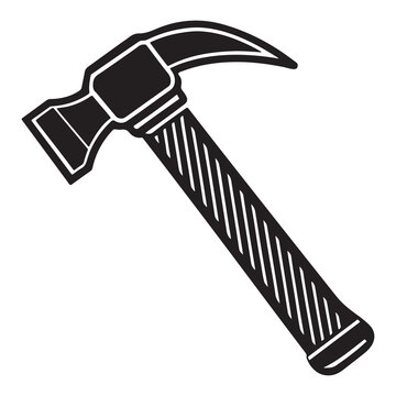 Blackandwhite illustration of a claw hammer with a ribbed handle and curved claw for pulling nails isolated on white background for construction and DIY projects