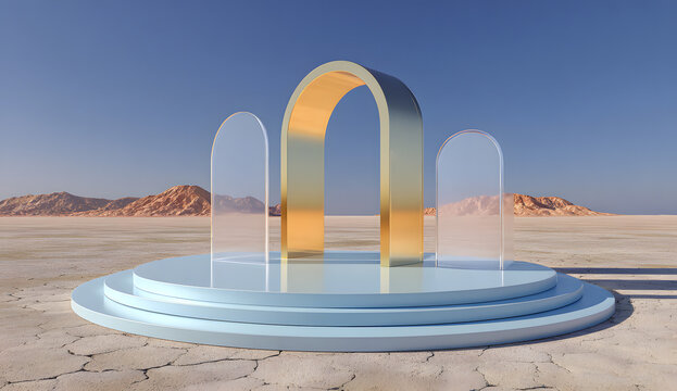 Golden arch standing on podium in dry landscape with mountains under blue sky and light desert ground creates minimalist surreal architectural scene for high end brand presentation and display.
