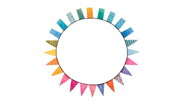Watercolor illustration of a circular frame, embellished with colorful triangle and rectangle flags. White background provides ample space for text