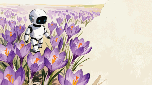 Cute robot exploring a field of purple crocus flowers with a textured background.