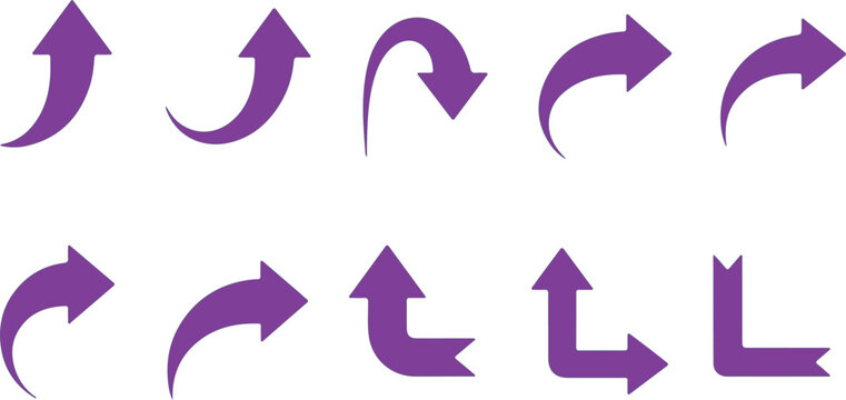 Arrows in purple illustrate a collection of diverse curved and right-angled navigational symbols.