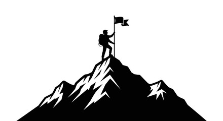 Mountaineer stands proudly at the peak of a high mountain holding a victory flag. © NGLARANGAN