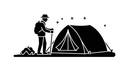 Hiker stands beside a camping tent during an outdoor adventure journey in the wilderness. © NGLARANGAN