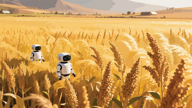 Two robots navigating through a golden field of ripe sorghum crops at sunset robots.