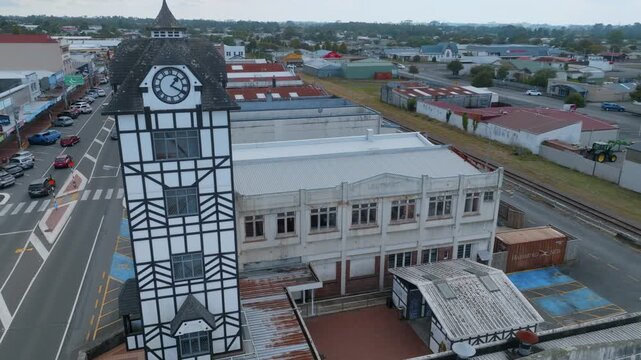 Aerial view of the iconic clock tower and Leuthart's building in Stratford, Taranaki, New Zealand. The buildings are landmarks in the town's center.