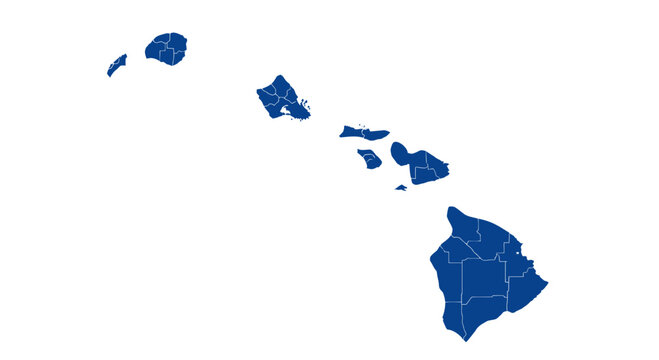 Map of Hawaii Islands Divided into Counties, Blue Outline on White Background