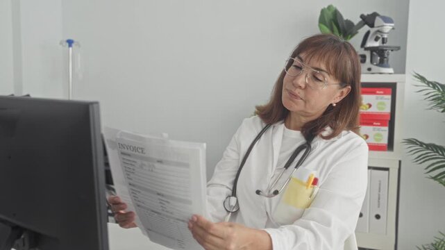 Woman doctor with stethoscope leaning toward computer, reading paperwork and pointing at monitor in building; focused care.