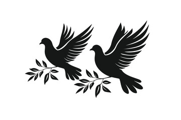 Obraz premium Two Silhouette Doves Carrying Olive Branches Symbolizing Peace and Hope Vector Illustration on White Background.