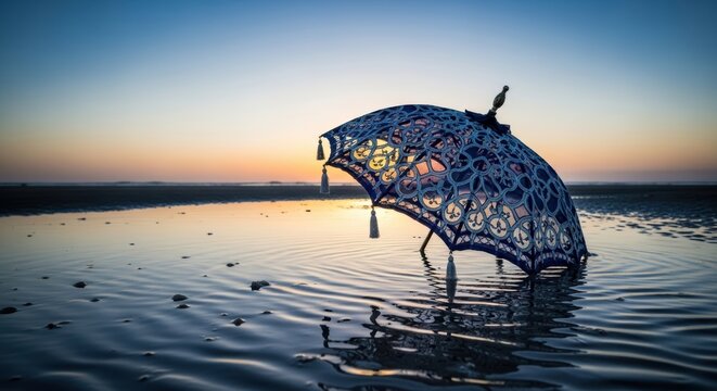 Ornate lace umbrella floats peacefully in beach tide pools at sunset Surreal Silliness Wallpaper Background image