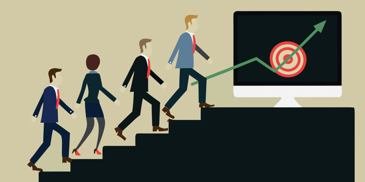 business professionals climbing stairs towards target graph illustration
