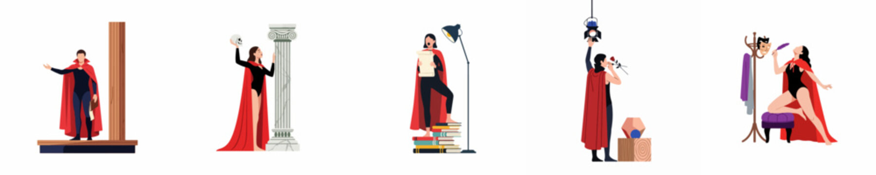 Set of flat vector illustrations featuring various theater actors and actresses in red capes performing and rehearsing dramatic scenes on stage.