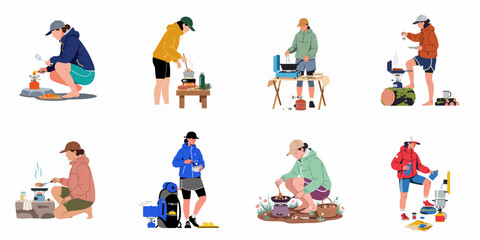 Fototapeta premium Vector illustration collection of diverse people cooking outdoor meals using portable camping stoves and gear during hiking and backpacking trips.