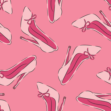 Pink High Heel Shoes Seamless Pattern Vector Illustration. Fashion Stiletto Pumps Repeat Print on Pink Background. Cute Girly Footwear