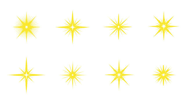 Collection of eight yellow starbursts and sparkles on a white background