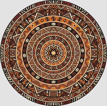 Circular tribal ethnic pattern with traditional African symbols and geometric ornaments.